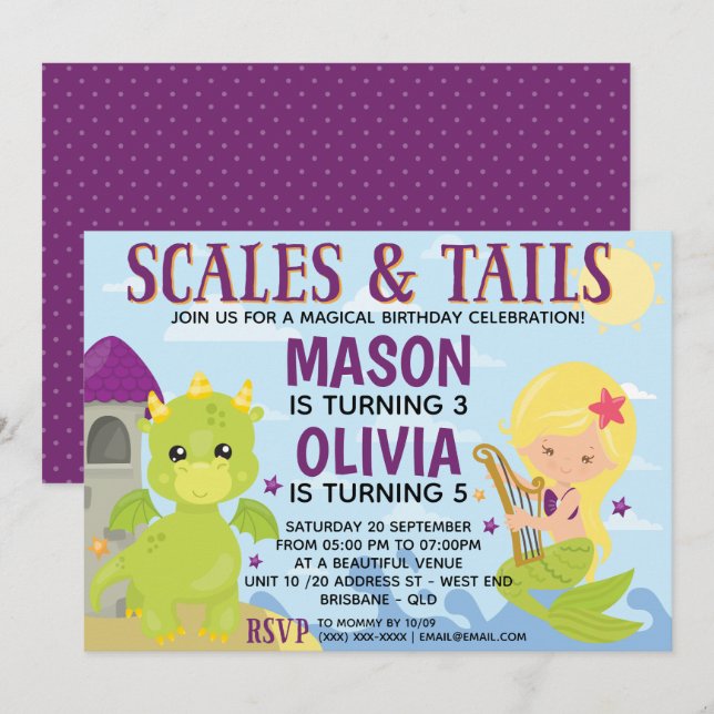 Mermaid und Dragon Birthday Einladung (Vorne/Hinten)
