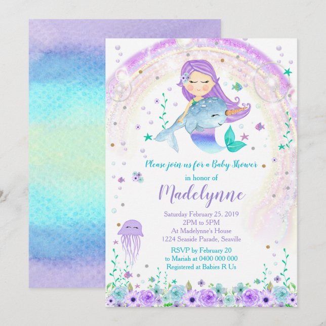 Mermaid und Narwhal Babydusche Einladung (Vorne/Hinten)