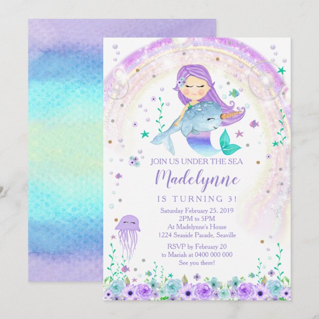 Mermaid und Narwhal zum Geburtstag Einladung (Vorne/Hinten)