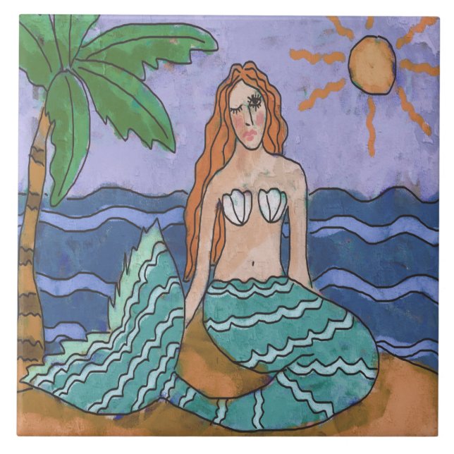 Mermaid und Palm Tree Abstrakte Kunst Fliese (Vorderseite)
