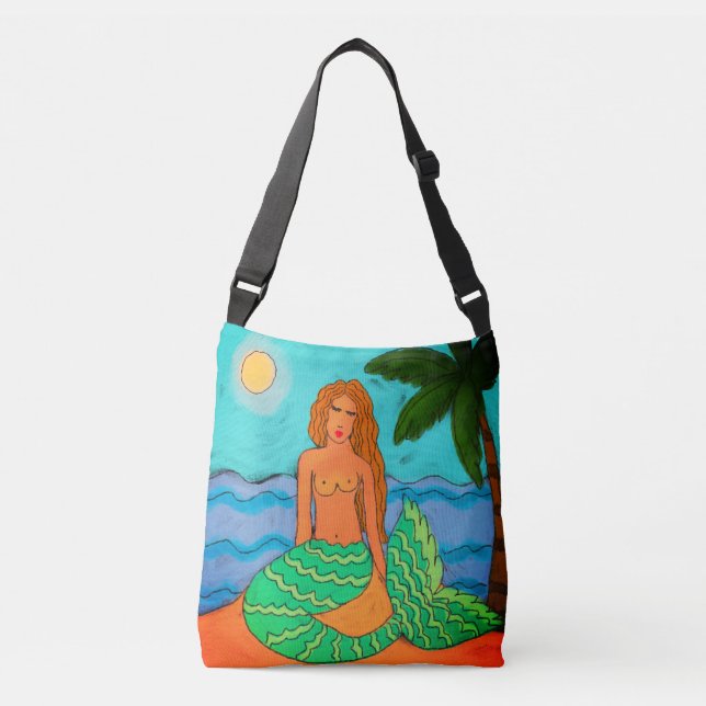 Mermaid und Palm Tree Abstrakte Kunst Tragetaschen Mit Langen Trägern (Vorderseite)
