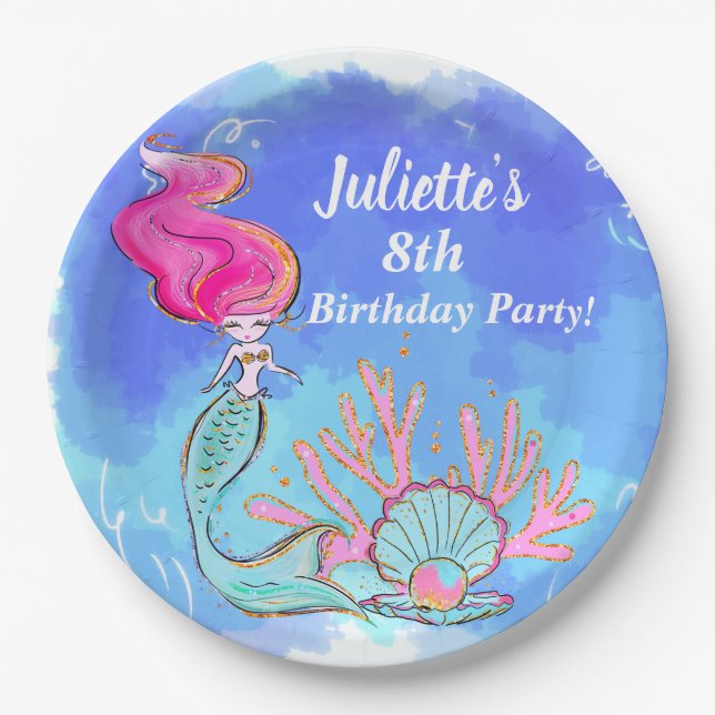 Mermaid und Pearl Clam Birthday Pappteller (Vorderseite)