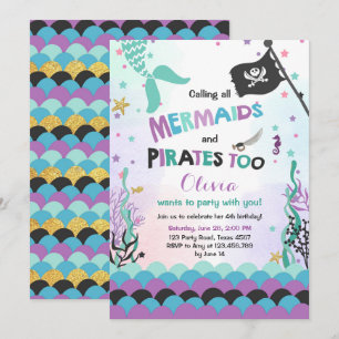 Mermaid und Pirate - Einladung zum Geburtstag Lila