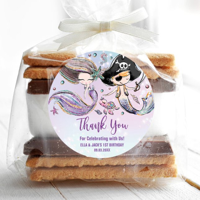 Mermaid und Pirate Under Sea Birthday Gefallen Runder Aufkleber (Von Creator hochgeladen)