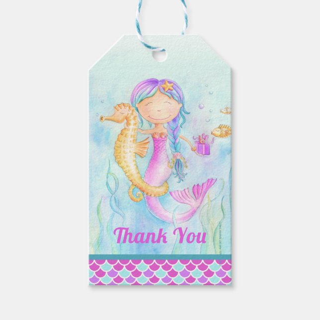 Mermaid und Seepferd whimsy Aquarell vielen Dank Geschenkanhänger (Vorderseite)