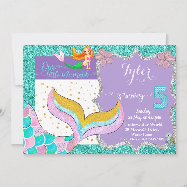 Mermaid Under the Sea 5th Birthday invitation (Devant)