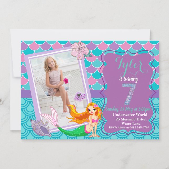 Mermaid Under the Sea 7e invitation anniversaire (Devant)
