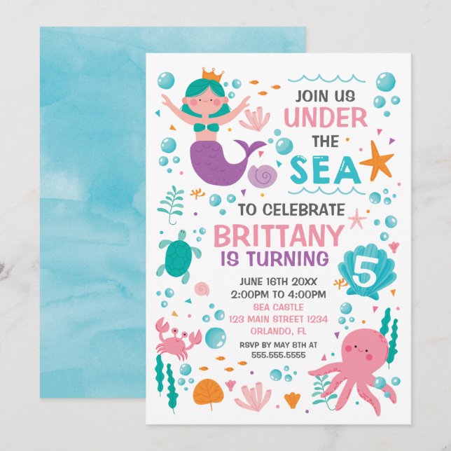 Mermaid Under the Sea birthday invitation (Devant / Derrière)