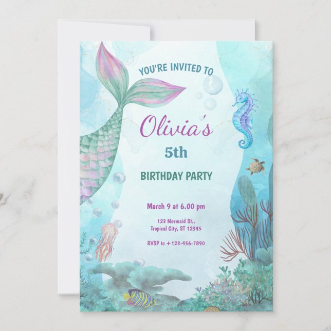 Mermaid Under The Sea Birthday Party Einladung (Vorderseite)