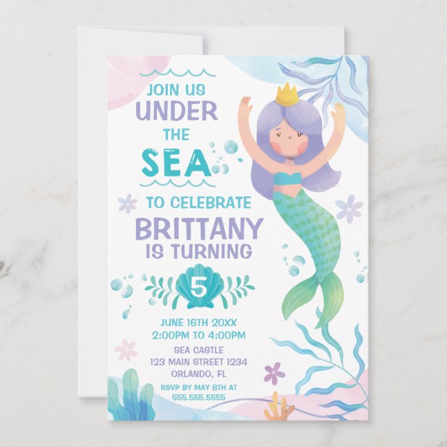 Mermaid Under the Sea cute birthday invitation Einladung (Vorderseite)