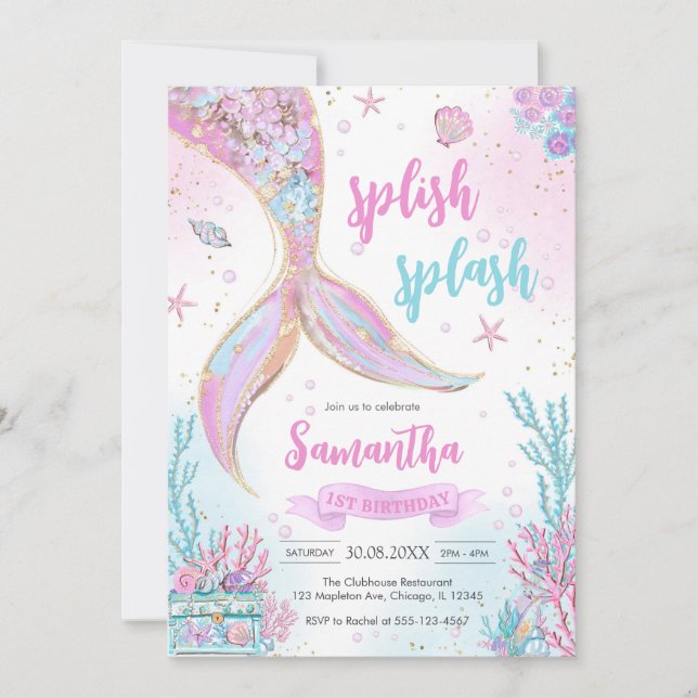 Mermaid Under the Sea Splish Splash Birthday Einladung (Vorderseite)