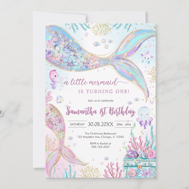 Mermaid Under the Sea Splish Splash Birthday Einladung (Vorderseite)