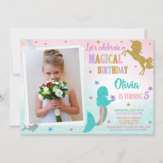 Mermaid Unicorn birthday invitation with photo