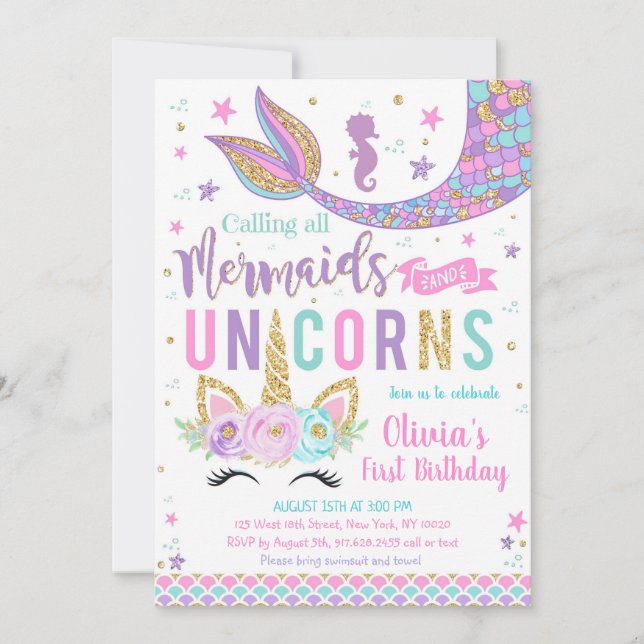 Mermaid Unicorn Girl Birthday Invitation (Devant)