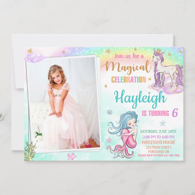 Mermaid Unicorn invitation anniversaire Fête magiq (Devant)