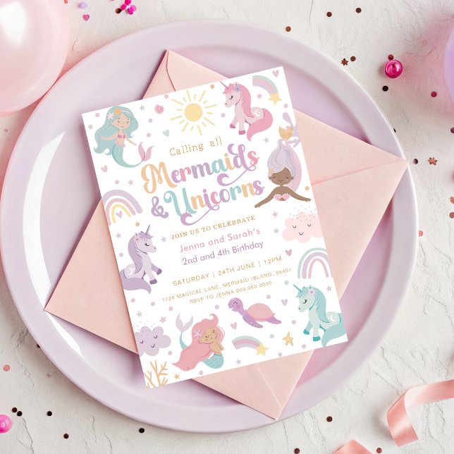 Mermaid Unicorn Party Invitation  (Mermaid and Unicorn Joint Birthday Invitation)