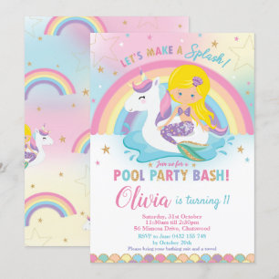 Mermaid Unicorn Pool Party Geburtstag Blonde Einladung