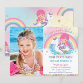 Mermaid Unicorn Pool Party Geburtstag Pink Foto Einladung