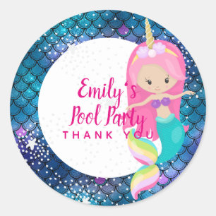 Mermaid Unicorn Pool Party liefert Pink Blue Girl Runder Aufkleber