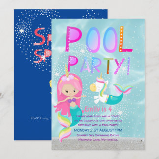 Mermaid Unicorn POOL Party Rosa Glitzer Girls Einladung