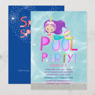 Mermaid Unicorn POOL Party Rosa Glitzer Girls Einladung