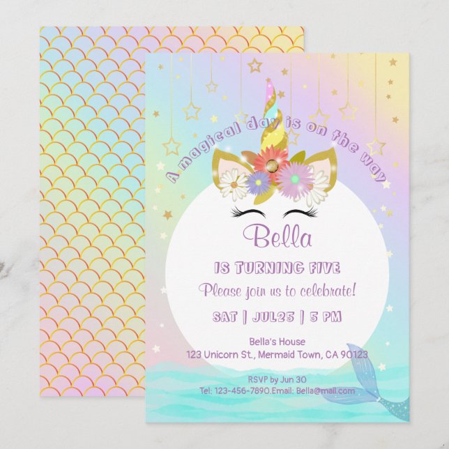 Mermaid Unicorn Rainbow Birthday Einladungen (Vorne/Hinten)