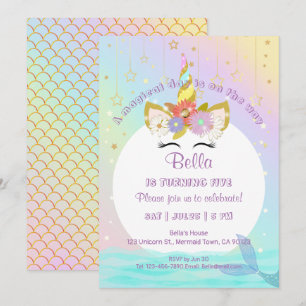 Mermaid Unicorn Rainbow Invitations d'anniversaire