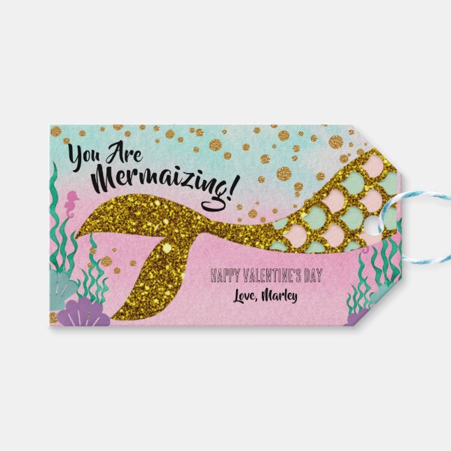 Mermaid Valentine Tag Geschenkanhänger (Vorderseite (Horizontal))