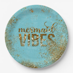 Mermaid Vibes - Gold Glitzer Typografie auf Aquama Pappteller