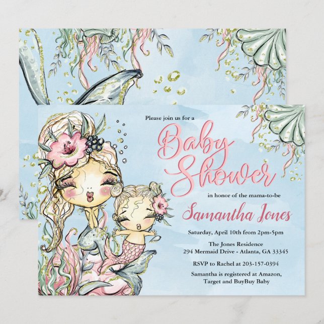 Mermaid Watercolor Babydusche Einladung (Vorne/Hinten)