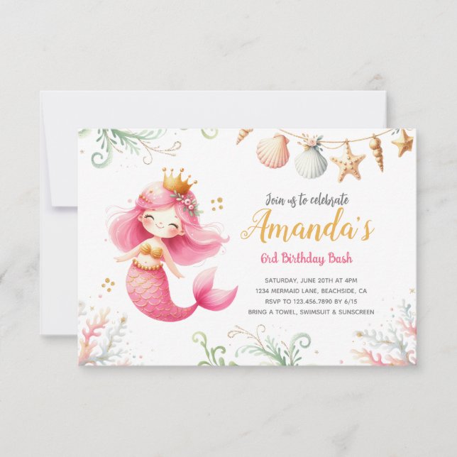 Mermaid watercolor Birthday Invitation Einladung (Vorderseite)