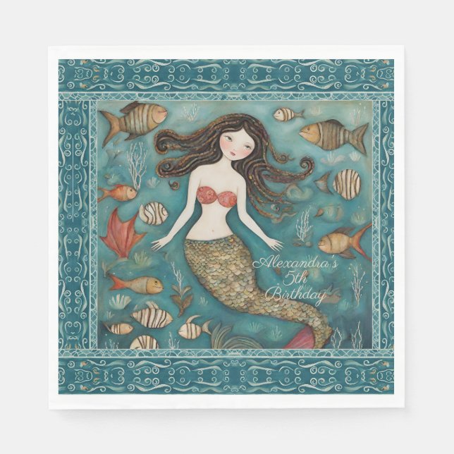 Mermaid Watercolor Birthday Serviette (Vorderseite)