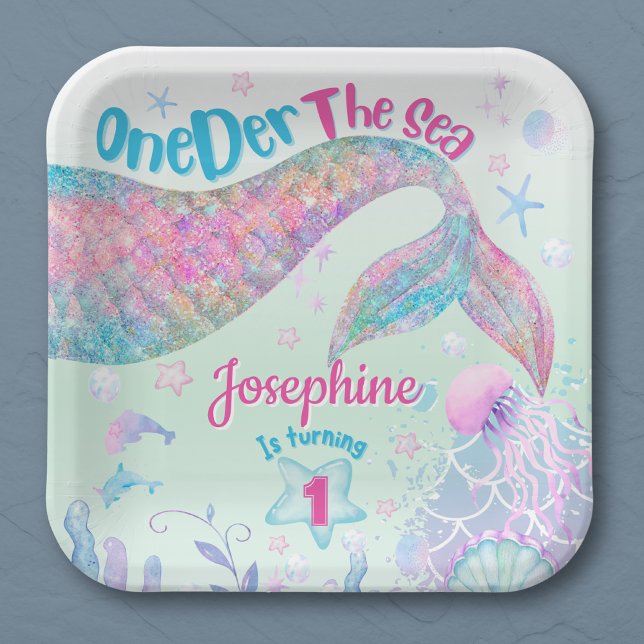 Mermaid watercolor first birthday square pappteller (Von Creator hochgeladen)