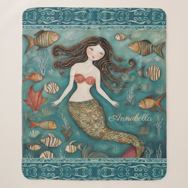 Mermaid Watercolor Personalisiert Sherpadecke (Vorderseite)