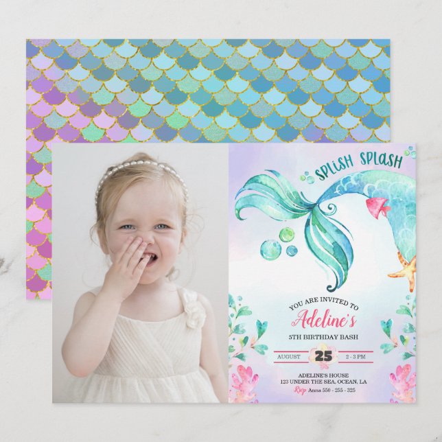 Mermaid Watercolor Splish Splash Birthday Foto Einladung (Vorne/Hinten)