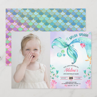 Mermaid Watercolor Splish Splash Birthday Foto Einladung