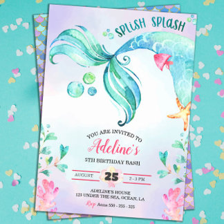 Mermaid Watercolor Splish Splash Niedliche Geburts Einladung
