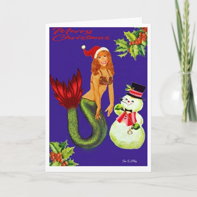 Mermaid Weihnachtskarte mit Weihnachtsmannmütze un Karte (Vorderseite)
