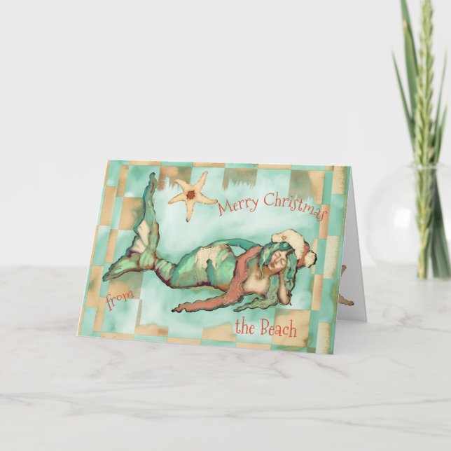 Mermaid Weihnachtsmannmütze Personaliz Feiertagskarte (Vorderseite)