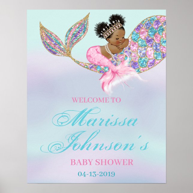 Mermaid Welcome Sign Baby Dusche Afrikanischer Ame Poster (Vorne)