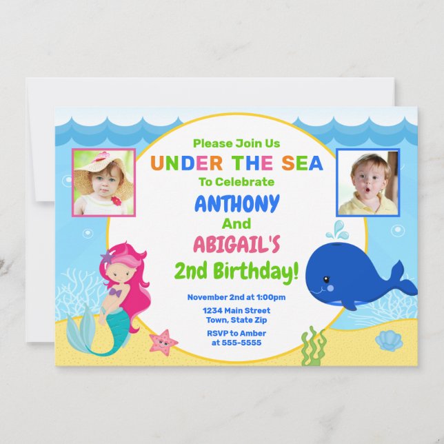 Mermaid Whale Joint Birthday Invasion Twin Einladung (Vorderseite)