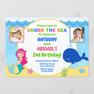 Mermaid Whale Joint Birthday Invasion Twin Einladung