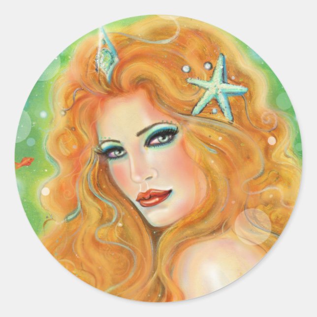 Mermaid with tropical fish art by Renee Lavoie  Runder Aufkleber (Vorderseite)