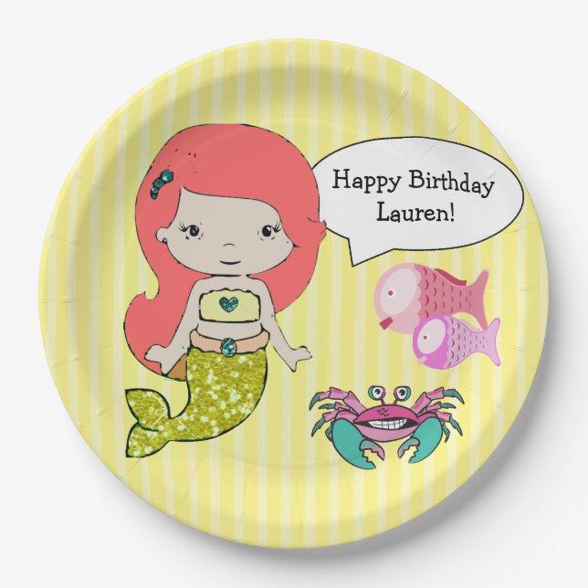 Mermaid Yellow Birthday Party Teller (Vorderseite)