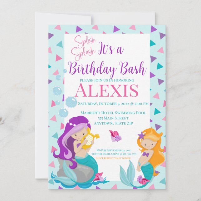 Mermaid zum Geburtstag Einladung, Pool-Party Einladung (Vorderseite)