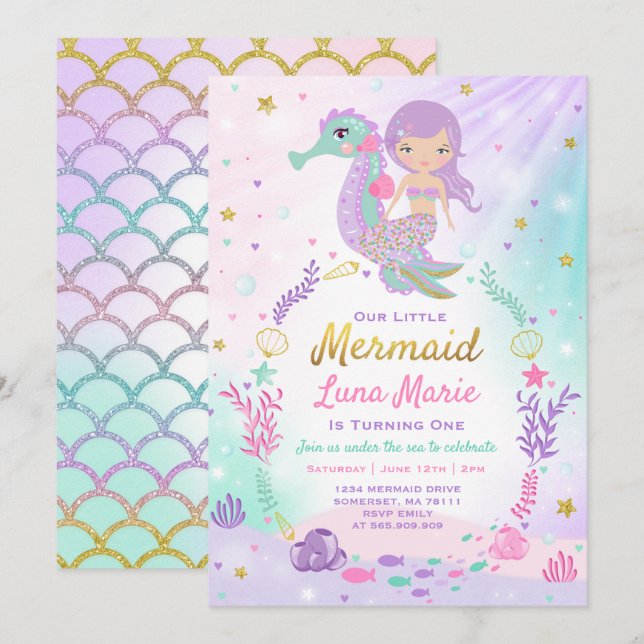Mermaid zum Geburtstag Einladung unter dem Party (Vorne/Hinten)