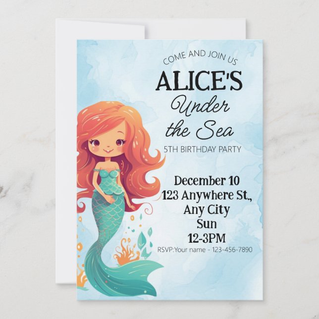 Mermaid zum Geburtstag Einladung unter der Meeresk (Vorderseite)