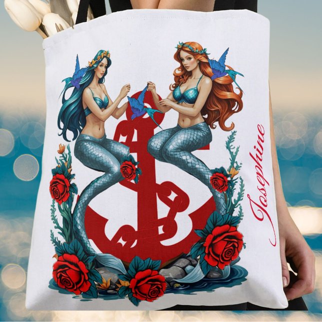 Mermaids Anchor Floral White Blue Rote Rosen Tasche (Von Creator hochgeladen)