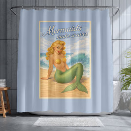 Mermaids Make Waves Retro PinUp Coastal Beach Blue Duschvorhang