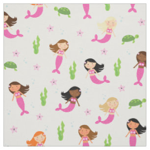Mermaids Multiracial Pink Fabric Stoff